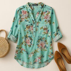 Zanzea Womens XL Aqua Blue Floral‎ Blouse V-Neck Long Sleeve Button Front Top